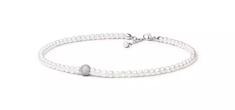 Perlenkette weiß mit Silber/Zirkonia-Perle, 5-6 mm, 39 cm Länge variierbar, 925er Silber, Gaura Pearls, Estland